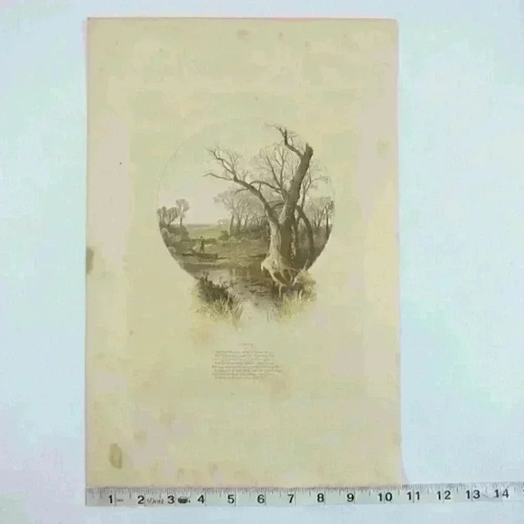 Art Print Farm & Stream in Autumn Fall Trees Poem The Aldine Antique 1870s RARE - Picture 8 of 12